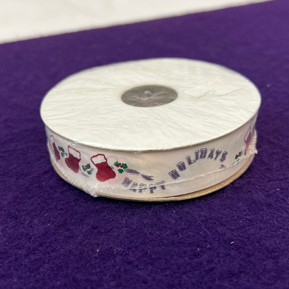 Happy Holidays Christmas Stockings Ribbon 7/8” Wide 25 Yards